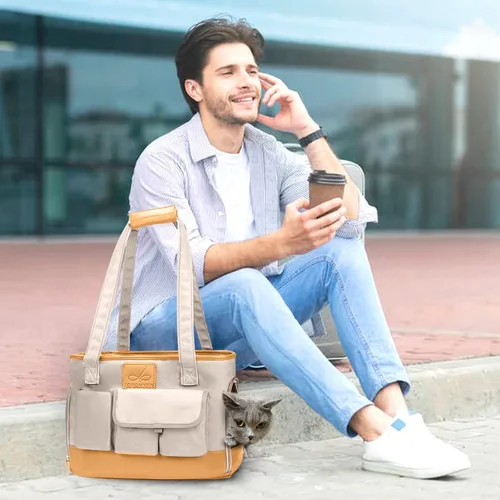 Vista 7 de Transportador para Perros, Transportador para Gatos, Transportador para Mascotas, Bolso de Cuero PU Premium Impermeable Plegable de Oxford