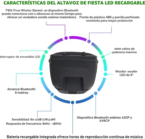 Vista 5 de Technical Pro Altavoz Bluetooth portátil de 800 vatios de 8 pulgadas con woofer y tweeter, altavoz LED PA para festivales con tarjeta Bluetooth/USB
