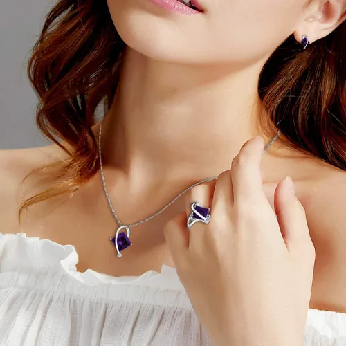 Vista 2 de Uloveido T295 - Juego de collar, anillo y aretes con topacio de cristal cuadrado grande
