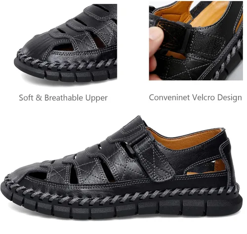 Vista 2 de MAIZUN Sandalias de cuero para hombre con puntera cerrada, zapatos de pescador de playa, sandalias deportivas de verano al aire libre