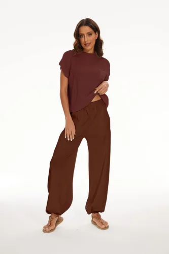 Vista 4 de SAFRISIOR Conjunto de suéter de dos piezas para mujer, sin mangas, suéter de punto y pantalones de cintura alta