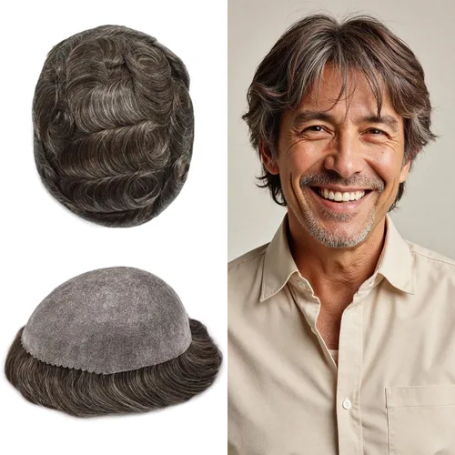 Vista 129 de Toupee for Men Hair Piece Real Human Hair Full Poly Skin Mens Toupee Mens Hair System Injected PU Hair System Invisible Hairpiece for