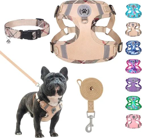 Vista 17 de BEAUTYZOO Step in - Juego de arnés para perro, collar y correa para perros pequeños, medianos y grandes, arnés para cachorro sin tirones, sin Beige