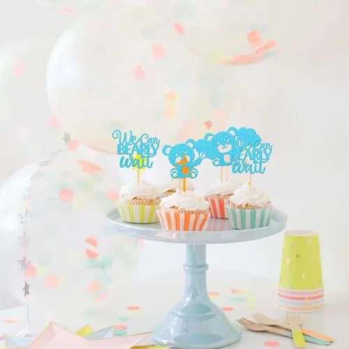 Vista 5 de 24 PIEZAS Oso de Peluche con Texto "We Can Bearly Wait" Adornos de Cupcake con Purpurina, Globo Oso para Revelación de Género, Adornos de Baby