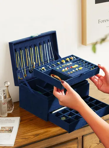 Vista 5 de Joyeros para mujer, organizador de joyas de terciopelo azul marino con cerradura, organizadores de joyas para adolescentes, organizador de joyas