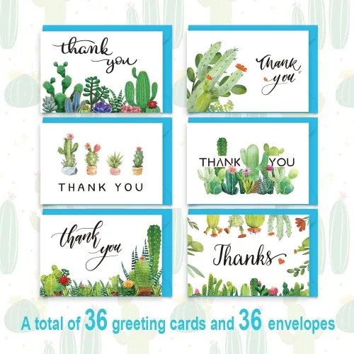 Vista 2 de Tarjetas de agradecimiento de cactus paquete de 36 tarjetas de agradecimiento para suculentas con sobres de 4 x 6 pulgadas, tarjetas
