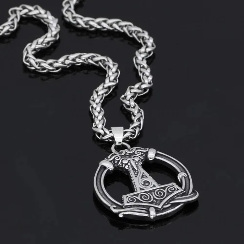 Vista 3 de GuoShuang Collar vikingo nórdico con brújula de acero inoxidable Odin Rune Mjolnir Collar Viking Jewelry Hombres con bolsa de regalo de Valknut