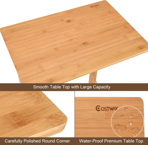 Vista 8 de COSTWAY Mesa auxiliar 100% de bambú, mesa auxiliar con bandeja de TV en forma de L, mesa auxiliar de aperitivos para computadora portátil con bolsa