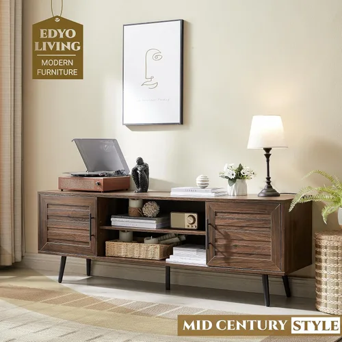 Vista 3 de EDYO LIVING Soporte de TV moderno de mediados de siglo para TV de 65 pulgadas, soporte de TV de madera con armario de almacenamiento y estante