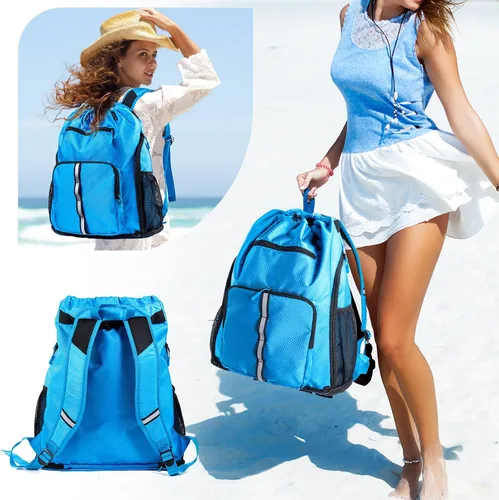 Vista 6 de Mochila de playa grande impermeable a prueba de arena, bolsa de piscina con cordón de gran tamaño personalizada con compartimento para zapatos
