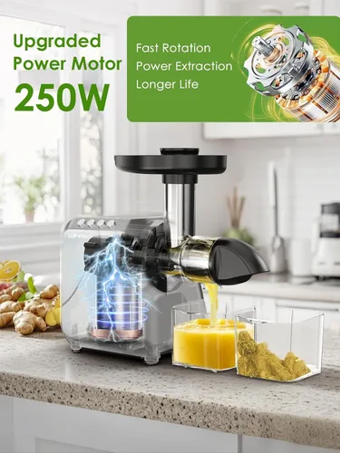 Vista 2 de Exprimidor de prensa en frío para naranja de apio, zanahoria, frutas y verduras, 250 W, máquina exprimidora lenta sin BPA, función inversa, fácil