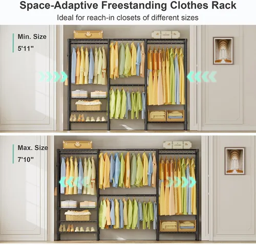 Vista 4 de SEMHOR E06 - Perchero extensible resistente para armario vertical, estantes de ropa independientes con estantes, sistema organizador de armario