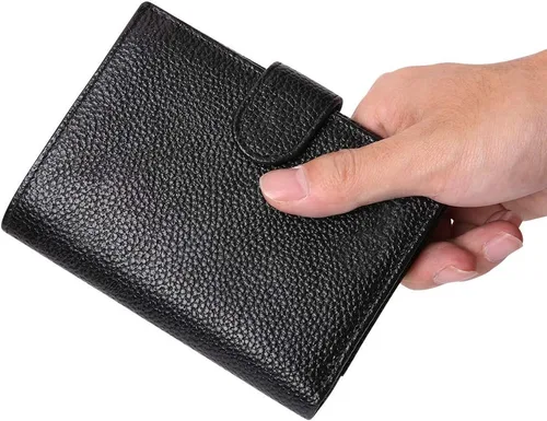 Vista 6 de Billetera vertical de tres pliegues de cuero hecha a mano vintage para mujer, con bloqueo RFID, pequeña cartera para tarjetas múltiples, Negro