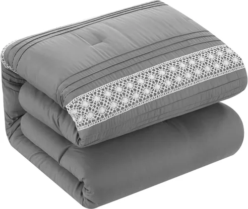 Vista 6 de Chic Home Brice - Juego de edredón de 4 piezas con diseño bordado plisado, funda de almohada decorativa incluida, individual, gris