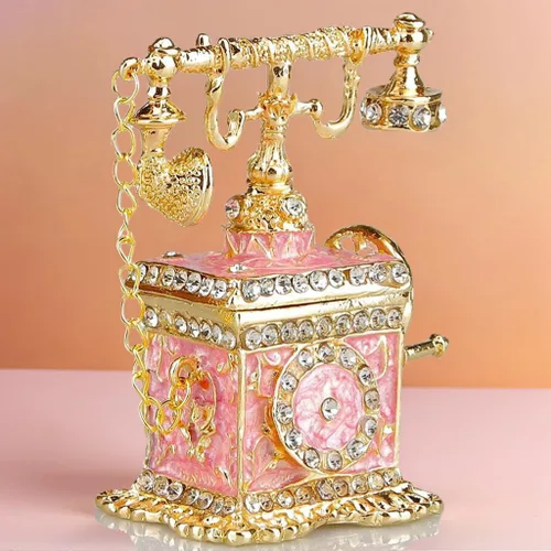 Vista 6 de SEVENBEES Figuras de teléfono turquesa, caja esmaltada con bisagras con cristales rosados, joyeros decorativos, coleccionables, regalos para niñas