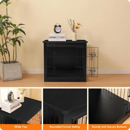 Vista 6 de DWANTON - Perrera con cojín, de madera, con puertas dobles, para interiores, S, M, L, 27.2 pulgadas de largo, negro