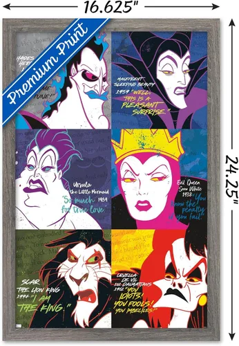 Vista 3 de Trends International Póster de pared con cuadrícula de villanos de Disney, 14.725 x 22.375 pulgadas, versión enmarcada de madera de granero
