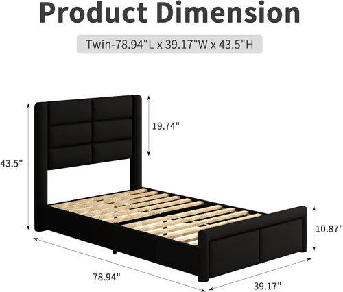 Vista 2 de Base de cama individual con cabecero tapizado y luces LED, moderno marco de cama de piel sintética con soporte de listones de madera y base