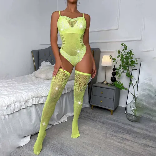 Vista 2 de Conjunto de lencería de red para mujer para sexo, travieso sexy malla de encaje brillante con diamantes de imitación con medias altas hasta el muslo