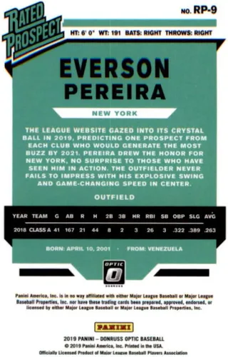 Vista 2 de 2019 Donruss Optic Baseball Rated Prospects #9 Everson Pereira New York Yankees Licensed MLBPA Panini Trading Card