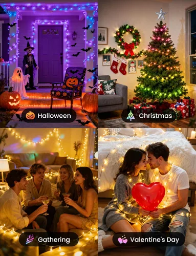Vista 8 de Luces de hadas inteligentes para árbol de Navidad de 65.6 pies, 200 LED, RGB+IC que cambian de color, luces de cadena navideñas, control por