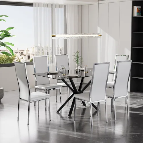 Vista 10 de Juego de 4 mesas de comedor de cristal negro, mesa de cocina minimalista moderna de 47 pulgadas con 4 sillas de comedor clásicas negras y plateadas