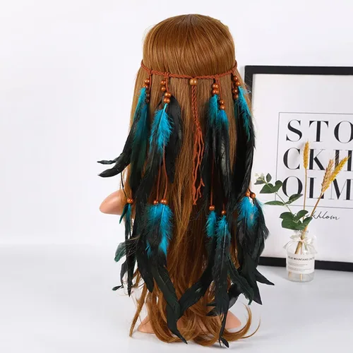 Vista 2 de Long tiantian Diadema gitana india Gangel Boho Feather Diadema con plumas blancas y marrones Accesorios de graduación para el cabello de las mujeres