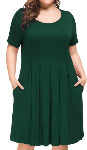 Vista 2 de Tralilbee Vestido de manga corta para mujer, talla grande, casual, plisado, con bolsillos