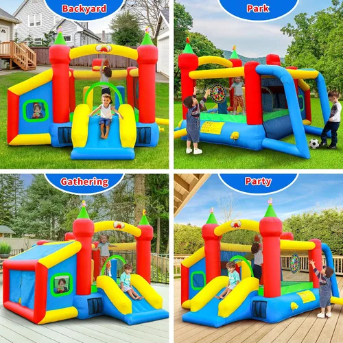 Vista 5 de Casa Inflable para Saltar, Castillo Hinchable con Tobogán y Soplador, Brincolín para Niños con Alberca de Pelotas