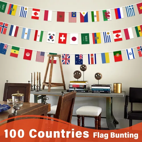 Vista 6 de Bandera de cuerda de 100 países, bandera internacional de 82 pies, decoración de bandera mundial para fiesta de la Copa del Mundo, escuela, eventos