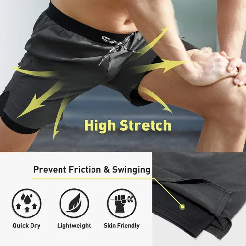 Vista 4 de Pantalones cortos de correr 2 en 1 para hombre, pantalones cortos deportivos de gimnasio de secado rápido de 7 pulgadas para hombres, pantalones