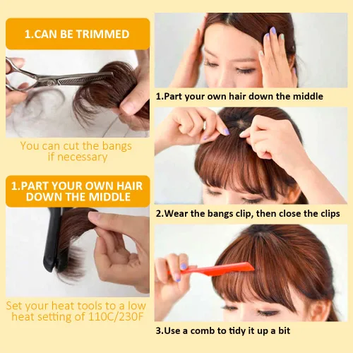 Vista 5 de Flequillo de pelo con clip, flequillo de pelo falso, fleco sintético con sienes, extensiones de cabello para mujer, extensiones de cabello para uso