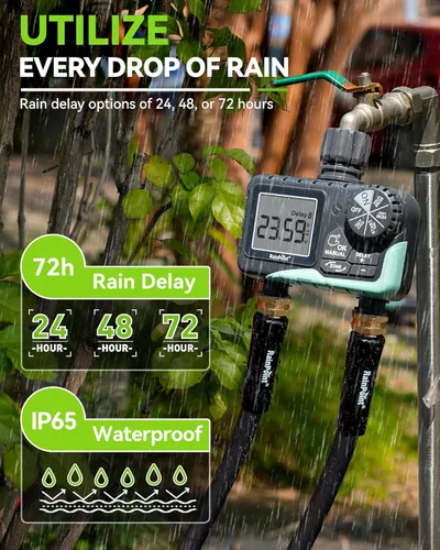 Vista 6 de RAINPOINT Temporizador de agua para manguera de jardín, temporizador de rociador de 2 zonas con retardo de lluvia, riego manual, riego automático