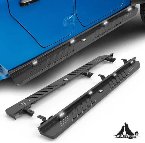 Vista 3 de Escalones laterales para Jeep Gladiator 2019-2026 de 4 puertas con luz de posición LED WOLFSTORM - Accesorios de repuesto para estribo de acero