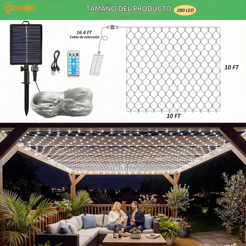 Vista 4 de Pooqla Luces de red solar, 10 x 10 pies, 280 luces LED de red para cenador al aire libre con 8 modos, funciona con energía solar y USB, impermeable