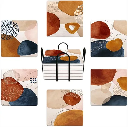 Vista 11 de Juego de 6 posavasos para bebidas, color terracota, azul marino, naranja y dorado, arte abstracto moderno, absorbente, redondo, de cerámica