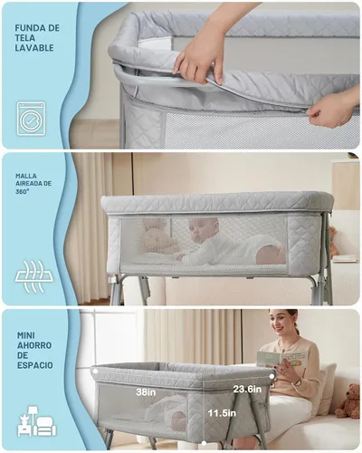 Vista 8 de BEKA Moisés cama de noche para bebé, cuna de bebé 2 en 1 para recién nacido, moisés de noche con 4 ruedas de bloqueo automático y altura ajustable