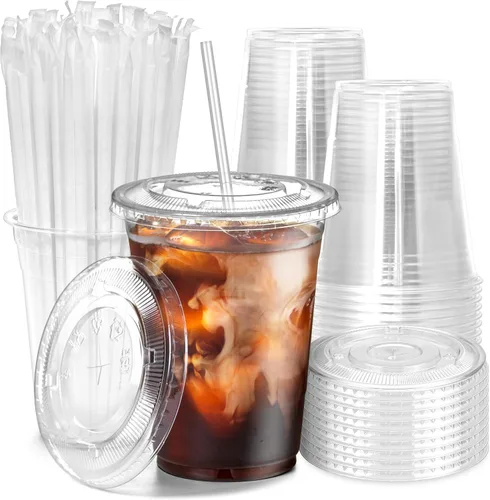Vista 11 de Fit Meal Prep Paquete de 100 vasos de plástico transparente de 12 onzas con tapas planas, tazas desechables para café helado, sin BPA, taza