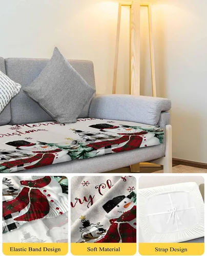 Vista 4 de Fundas de cojín elásticas para sofá de Navidad, diseño de muñeco de nieve, seccional/individual/en forma de L, protector de muebles con parte