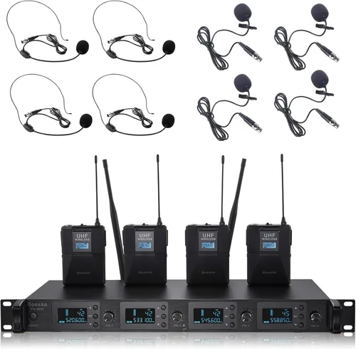 Vista 9 de Sistema de micrófono inalámbrico de 4 canales UHF, 2 micrófonos de mano inalámbricos y 2 micrófonos de diadema Lavalier para karaoke, iglesia