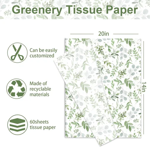 Vista 2 de 60 Sheets Greenery Tissue Paper Watercolor Green Leaves Art Tissue Spring Gift Wrapping Paper for Birthday Wedding DIY Crafts Gift Packing, 20 x 14