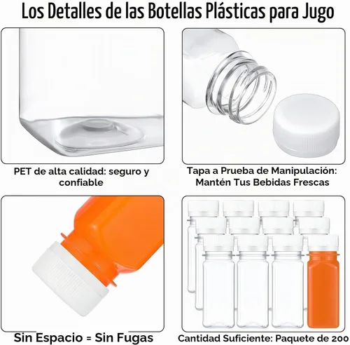 Vista 3 de Sliner 200 botellas pequeñas de plástico de 2 onzas para jugo, botella de jugo de jengibre con tapas, recipiente reutilizable transparente