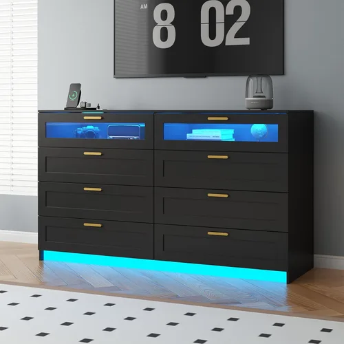Vista 6 de Cómoda con 8 cajones con estación de carga, cómoda blanca para dormitorio con luces LED, cómoda moderna para armario, organizador de cómodas dobles