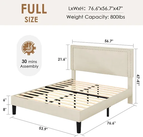 Vista 157 de VECELO Base de cama de plataforma de tamaño individual con cabecera tapizada de altura ajustable, base de colchón moderna, soporte de listones