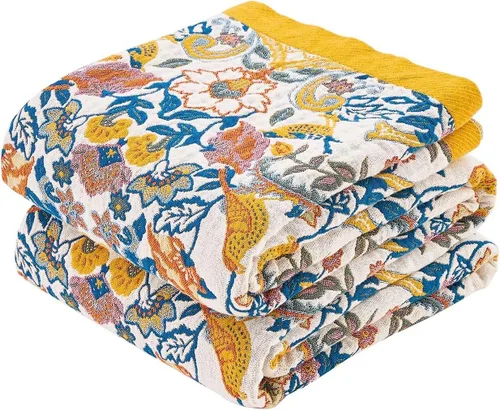 Vista 2 de Manta bohemia de muselina de algodón tejida con flores decorativas de 50 x A-verde