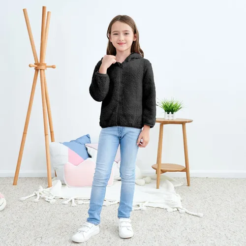 Vista 2 de Chaqueta con capucha de forro polar con cremallera para niñas y niños pequeños, abrigo de osito cálido de invierno Negro