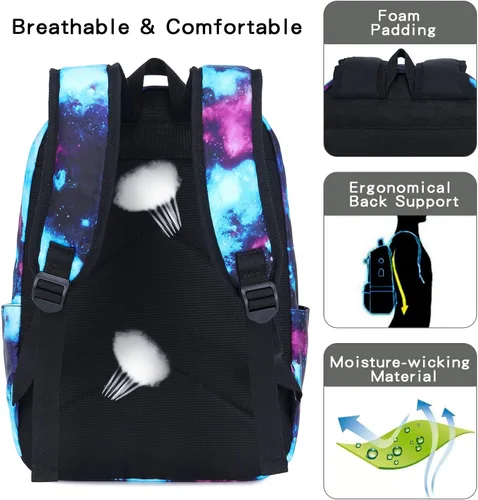Vista 4 de Juego de mochila de lona impermeable Galaxy para laptop de 14 pulgadas, mochila escolar universitaria con lonchera y estuche para lápices