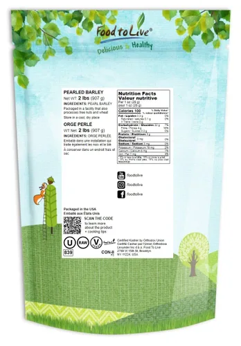 Vista 2 de Food to Live - Cebada perlada, 2 libras de cebada descascarada procesada, grano de cereal, kosher, vegano, a granel. Cocina más rápido que la cebada