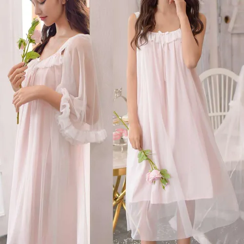 Vista 5 de Camisón sexy vintage para mujer, 2 piezas, ropa de dormir victoriana, pijama para niñas