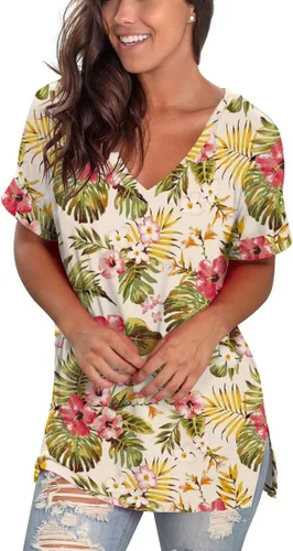 Vista 3 de SAMPEEL - Camisetas casuales de verano con cuello en V para mujer, de manga corta enrollada, con abertura lateral, ajuste holgado